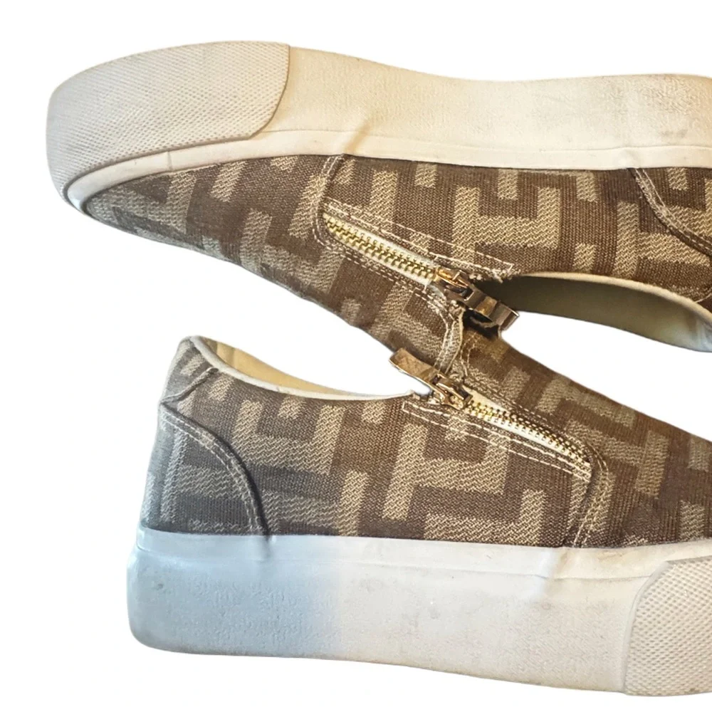 Show Dazzle- Beige Monogram Slip-On Sneakers w/ Side Zip Detail